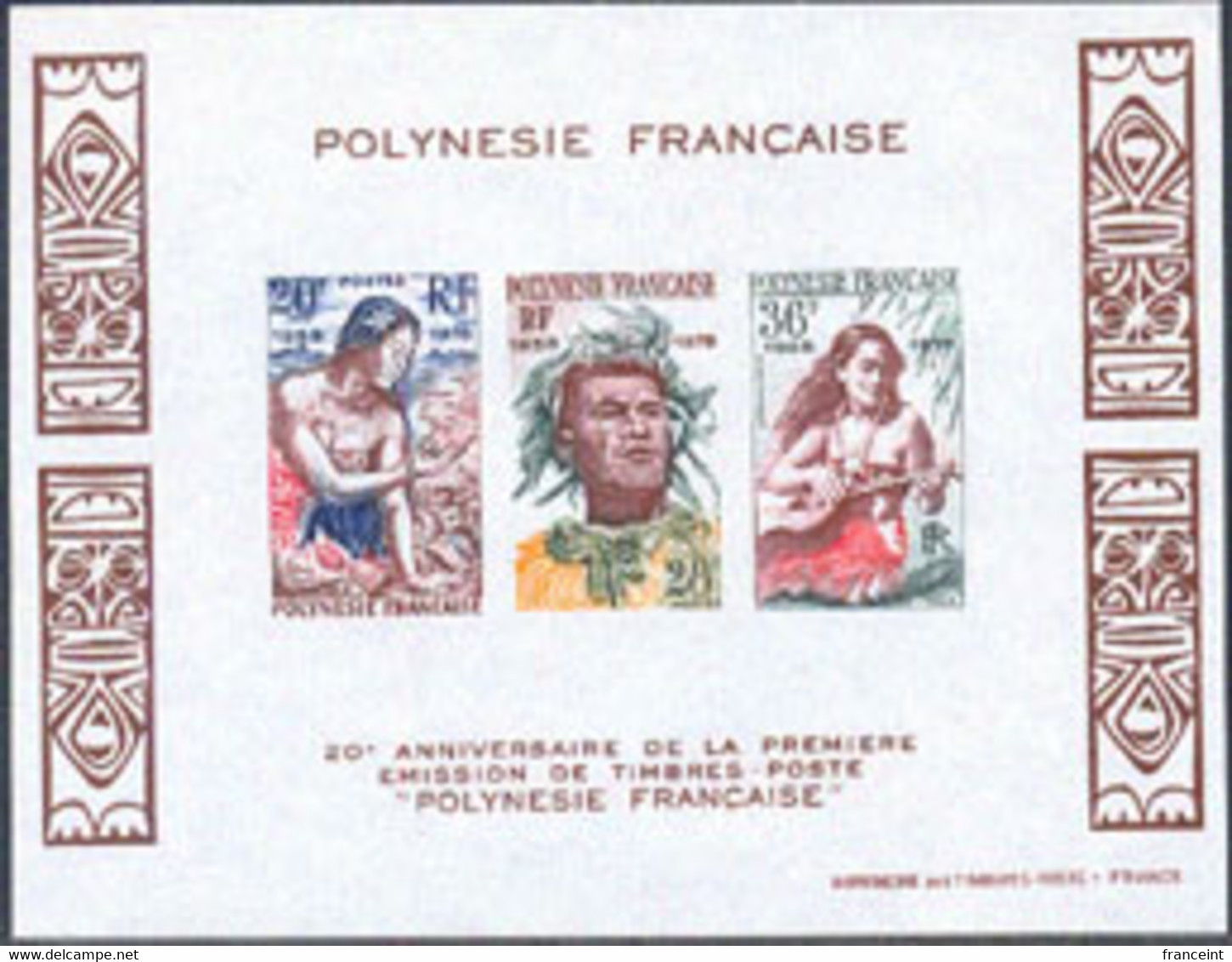 FRENCH POLYNESIA (1978) Girl With Shells Main In Headdress. Girl Playing Guitar. Imperforate M/S. Scott No 306a - Imperforates, Proofs & Errors