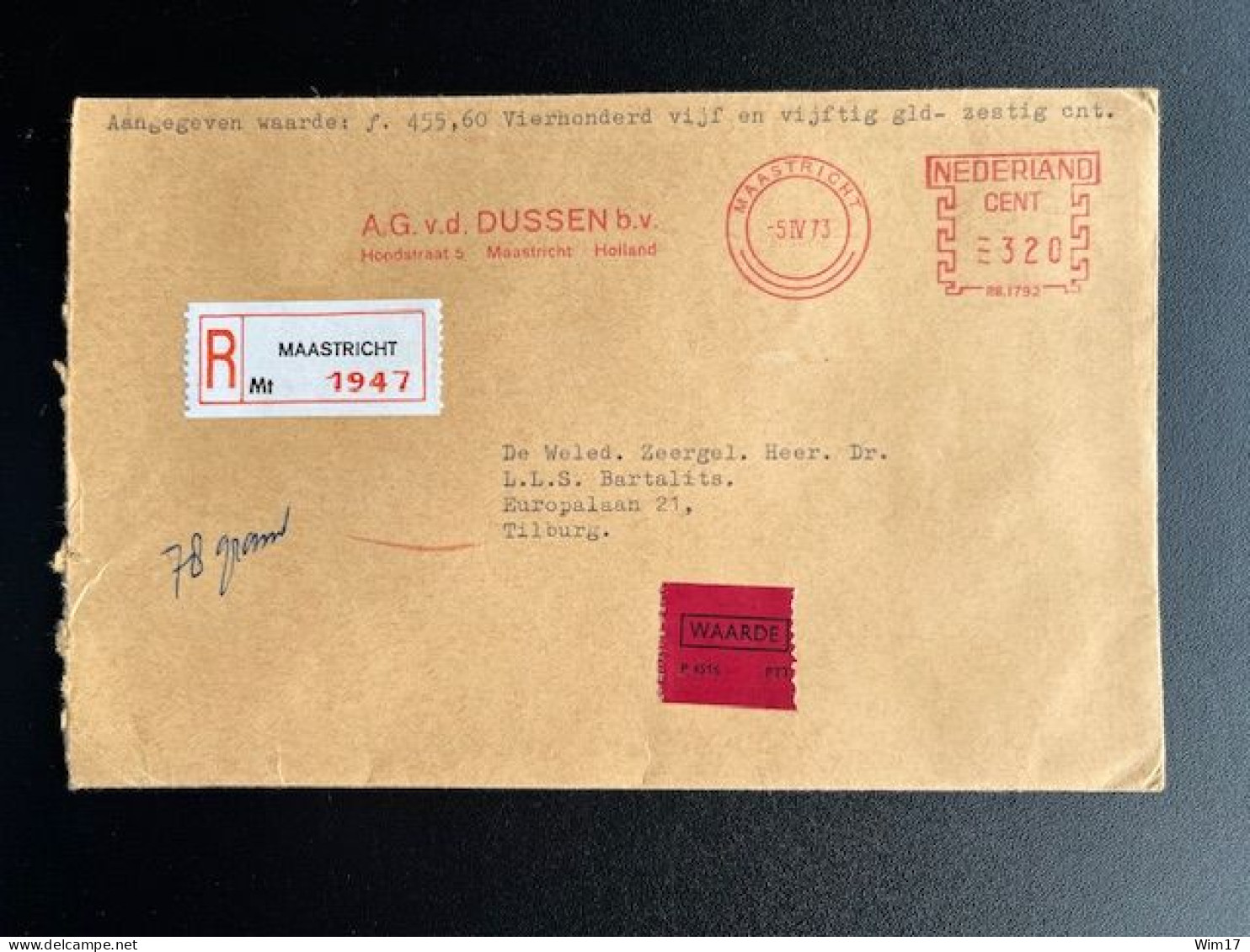 NETHERLANDS 1973 REGISTERED LETTER MAASTRICHT TO TILBURG 05-04-1973 NEDERLAND AANGETEKEND - Brieven En Documenten