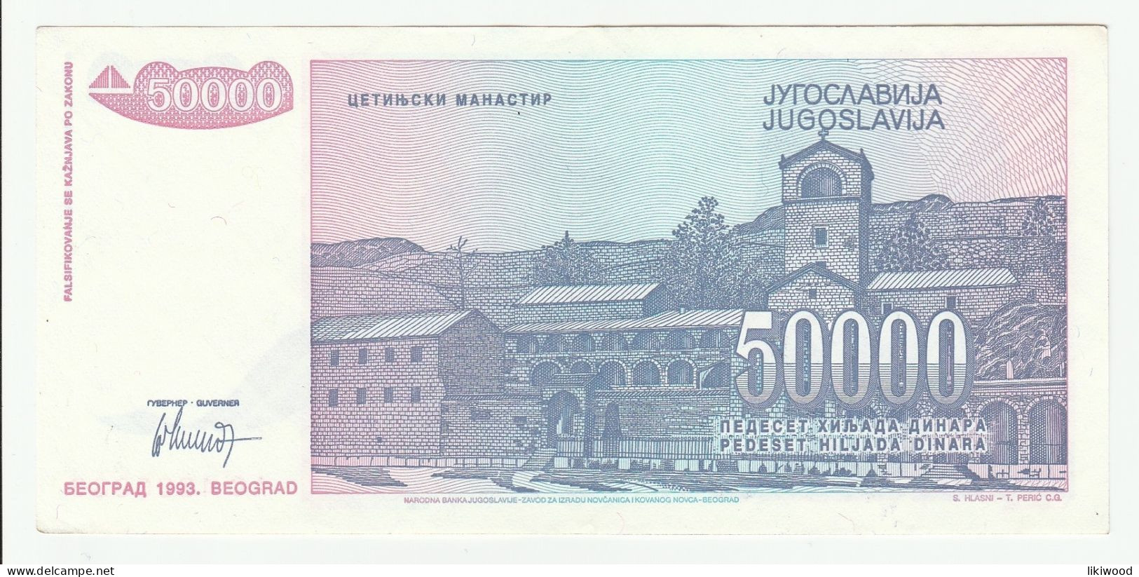 50 000 Dinara - 1993 - Yugoslavia - Petar Petrović Njegoš - Cetinjski Manastir - Yugoslavia