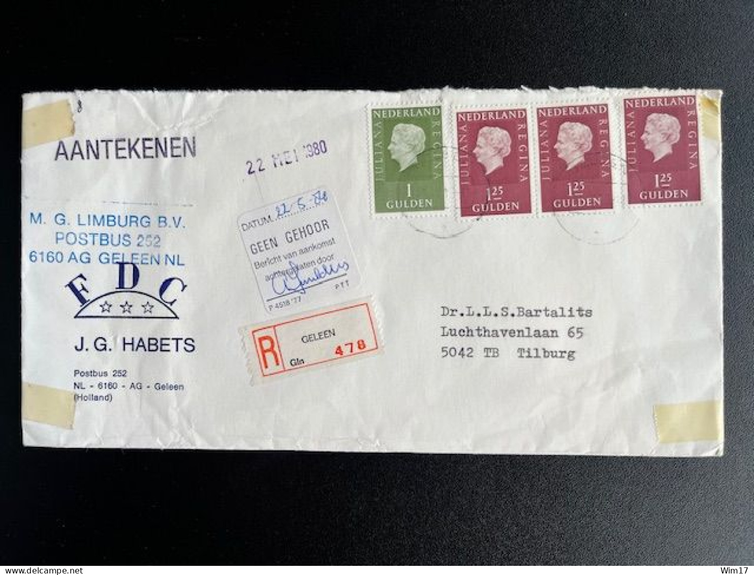 NETHERLANDS 1980 REGISTERED LETTER GELEEN TO TILBURG 21-05-1980 NEDERLAND AANGETEKEND - Covers & Documents