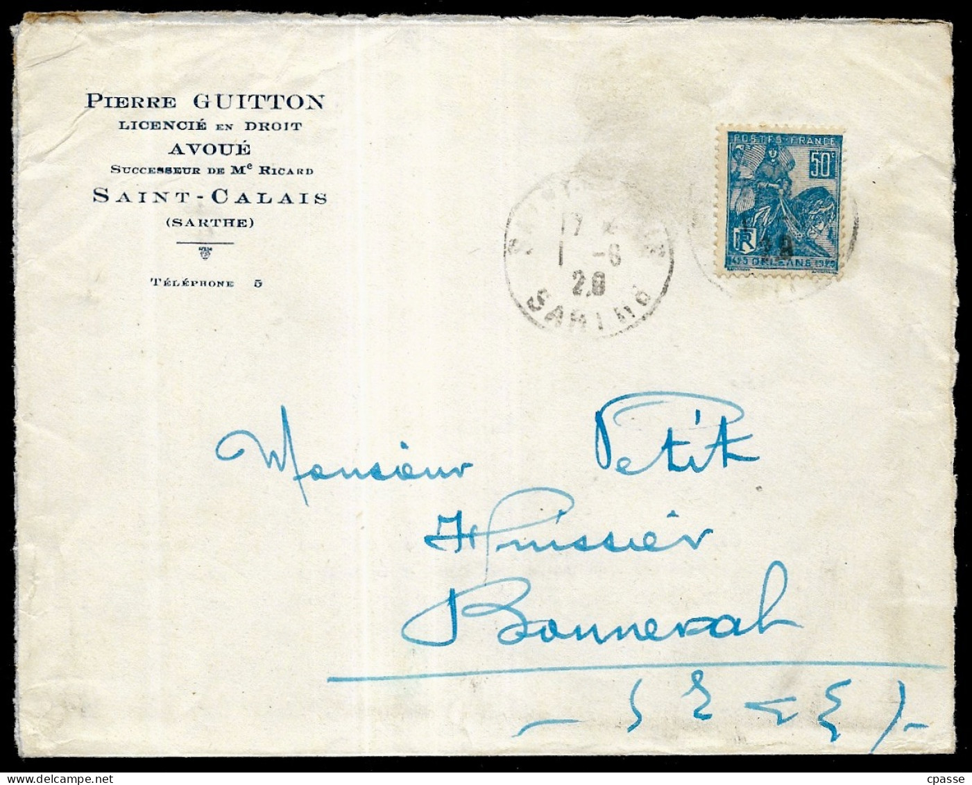 1929 Lettre Avec Timbre Jeanne D'Arc YT 257 Seul Sur Lettre Avec En-tête PIERRE GUITTON Avoué 72 St-Calais à Bonneval - Brieven En Documenten