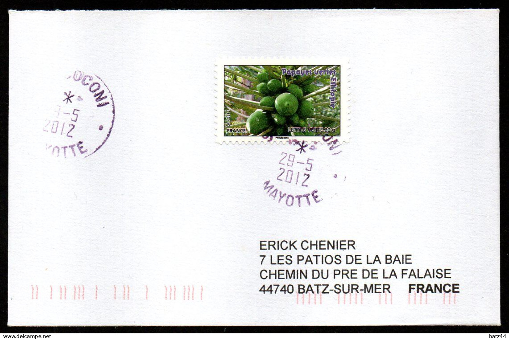Mayotte , Enveloppe Coconi 29 05 2012 Timbre France Papaye - Otros & Sin Clasificación