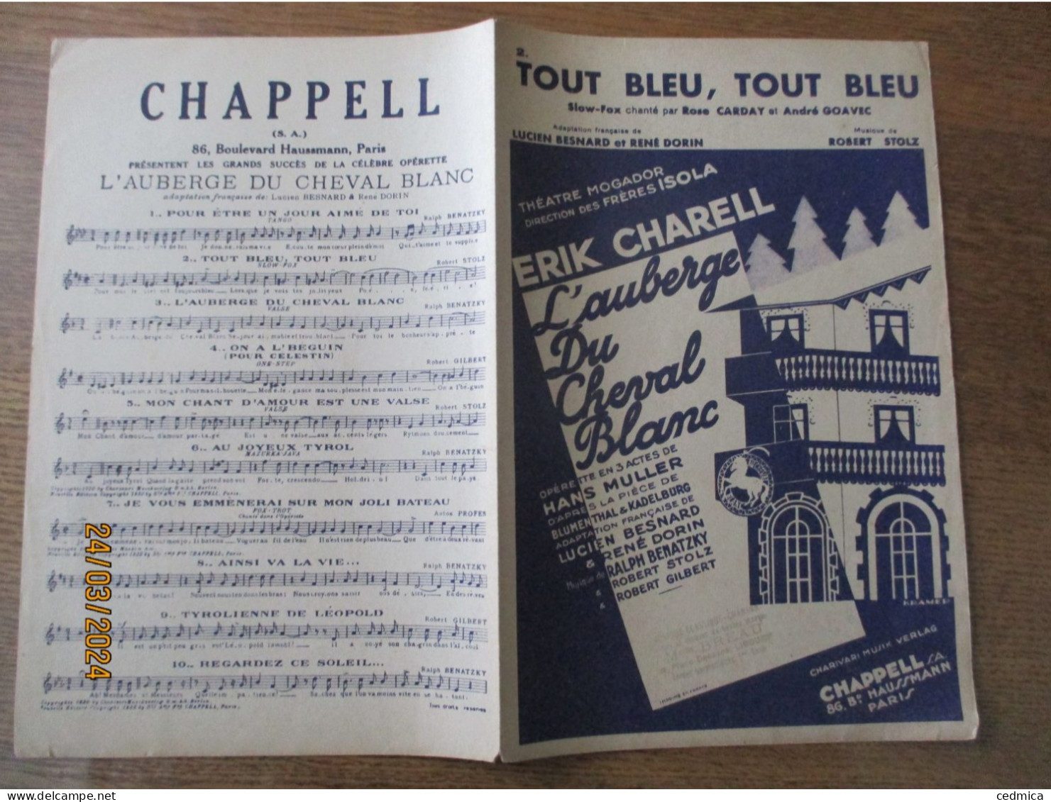 TOUT BLEU, TOUT BLEU DE L'OPERETTE "L'AUBERGE DU CHEVAL" ADAPTATION FRANCAISE LUCIEN BESNARD &RENE DORIN MUSIQUE ROBERT - Noten & Partituren