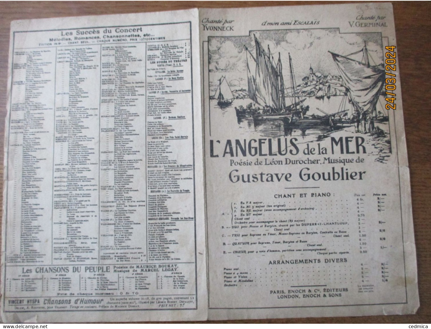 L'ANGELUS DE LA MER  PAROLES DE LEON DUROCHER MUSIQUE DE GUSTAVE GOUBLIER - Partitions Musicales Anciennes