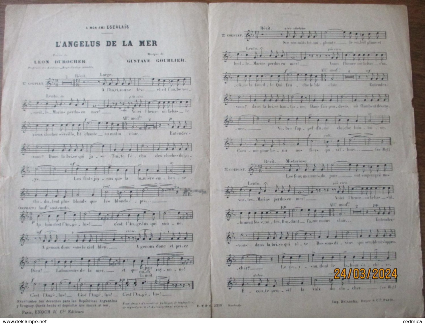 L'ANGELUS DE LA MER  PAROLES DE LEON DUROCHER MUSIQUE DE GUSTAVE GOUBLIER - Scores & Partitions