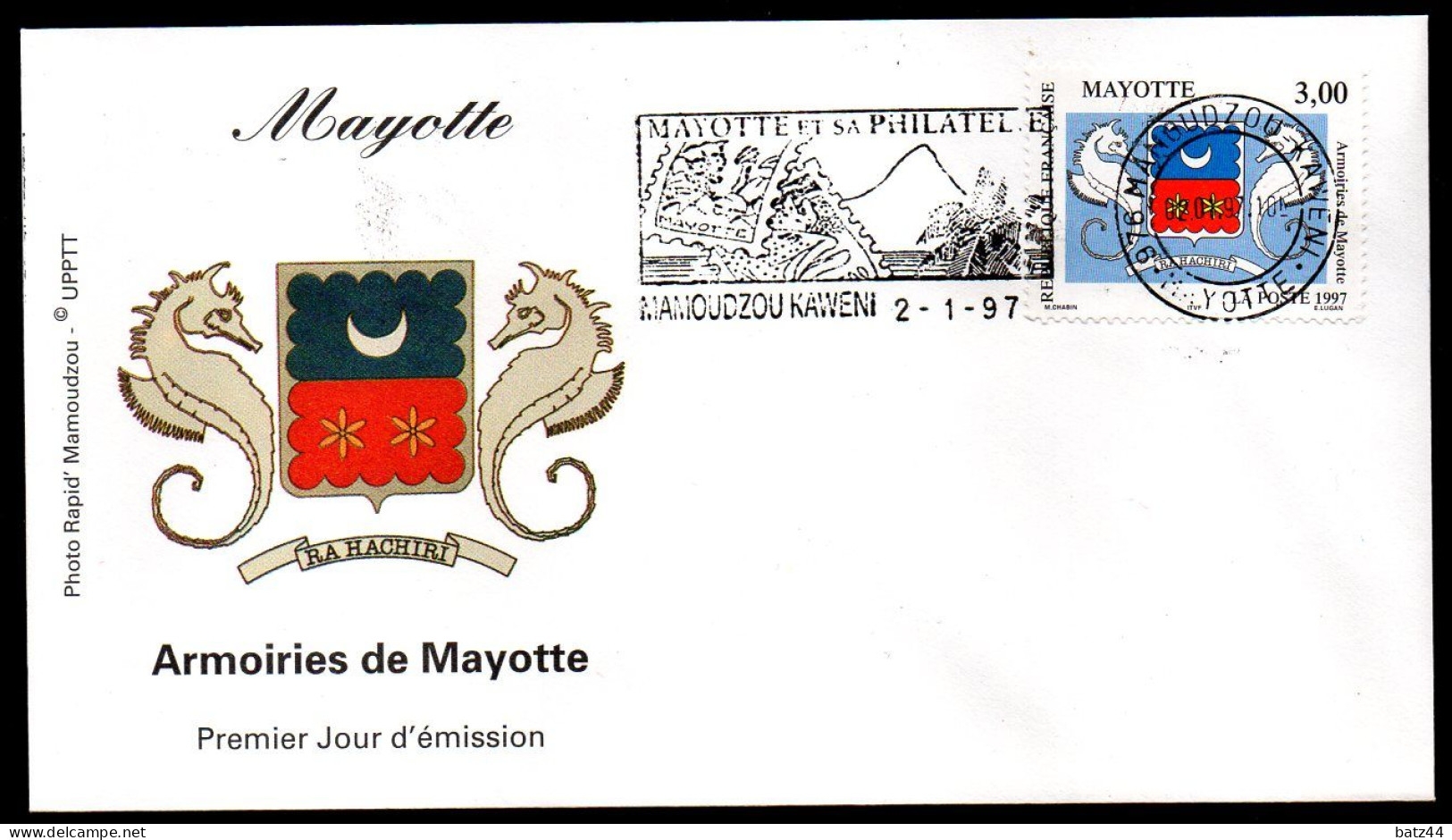 Mayotte , 02 01 1997 Armoiries Enveloppe Premier Jour D'émission Du Timbre Et De La Flamme De Mamoudzou Kaweni - Cartas & Documentos