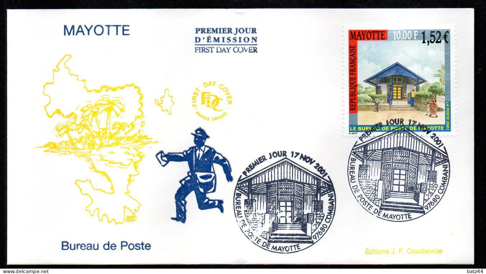 Mayotte , Bureau De Poste 17 11 2001 Enveloppe Premier Jour D'émission Du Timbre FDC - Storia Postale