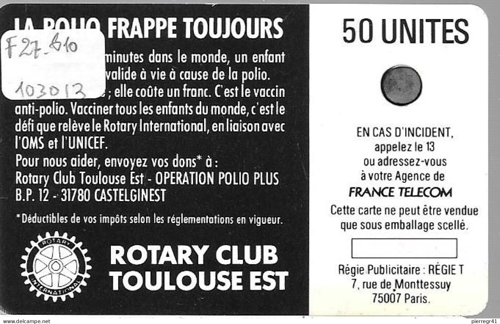 CARTE²°-PUBLIC-1988-F 27.610--SC3-50U-POLIO-V°N°6Pe 103013-Utilisé-TB E-LUXE/RARE - 1988