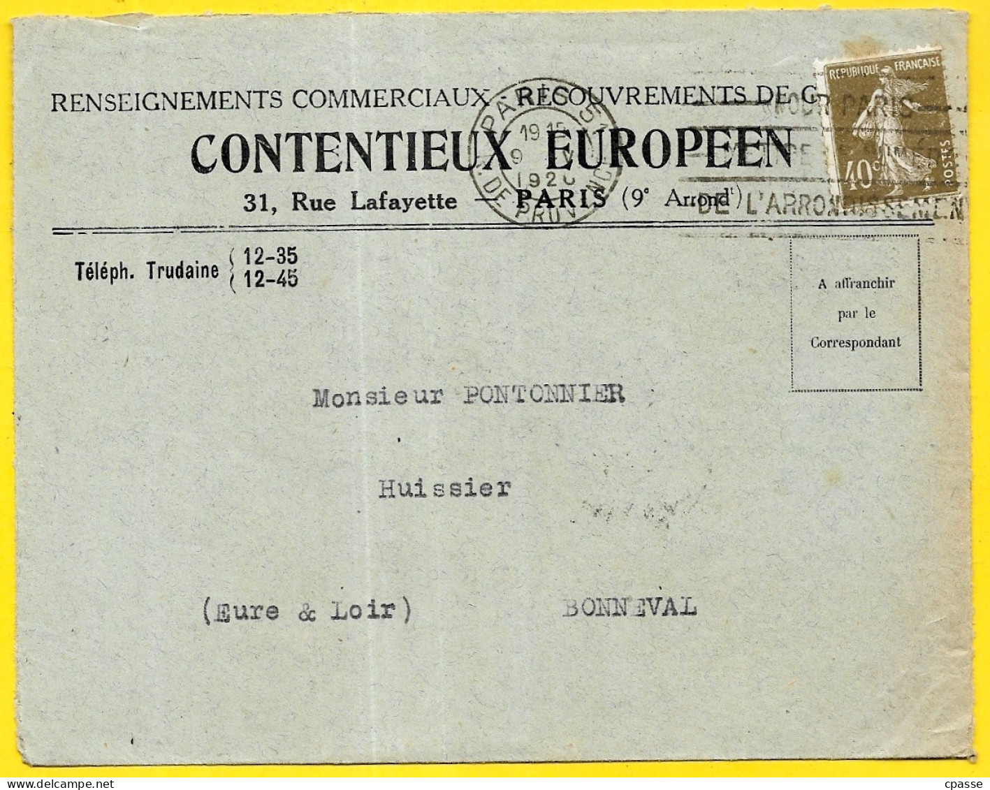 1926 Lettre Avec Timbre Semeuse YT 193 Seul Sur Lettre à En Tête Contentieux Européen 75009 Paris Vers Bonneval - Brieven En Documenten