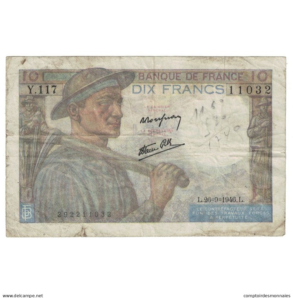 France, 10 Francs, Mineur, 1946, Y.117, TB, Fayette:8.15, KM:99e - 10 F 1941-1949 ''Mineur''