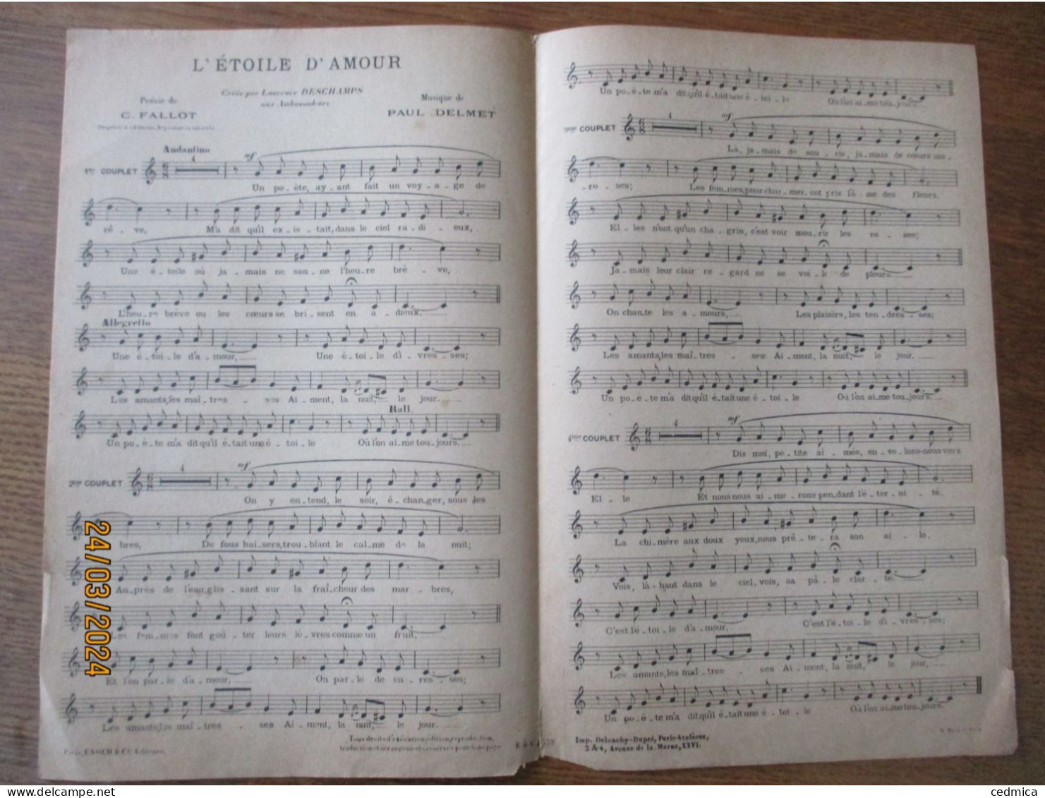 L'ETOILE D'AMOUR CREEE PAR LAURENCE DESCHAMPS AUX AMBASSADEURS POESIE DE C.FALLOT MUSIQUE DE PAUL DELMET - Partitions Musicales Anciennes