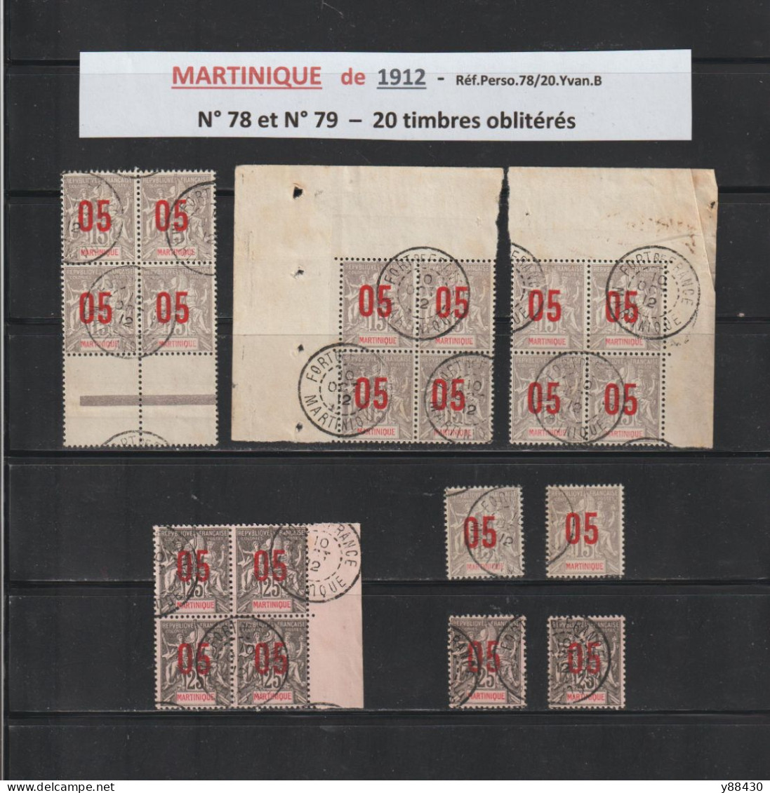 MARTINIQUE -  N° 78 Et 79 De 1912 - 20 Timbres Oblitérés Surchargés  -  2 Scan - Gebraucht