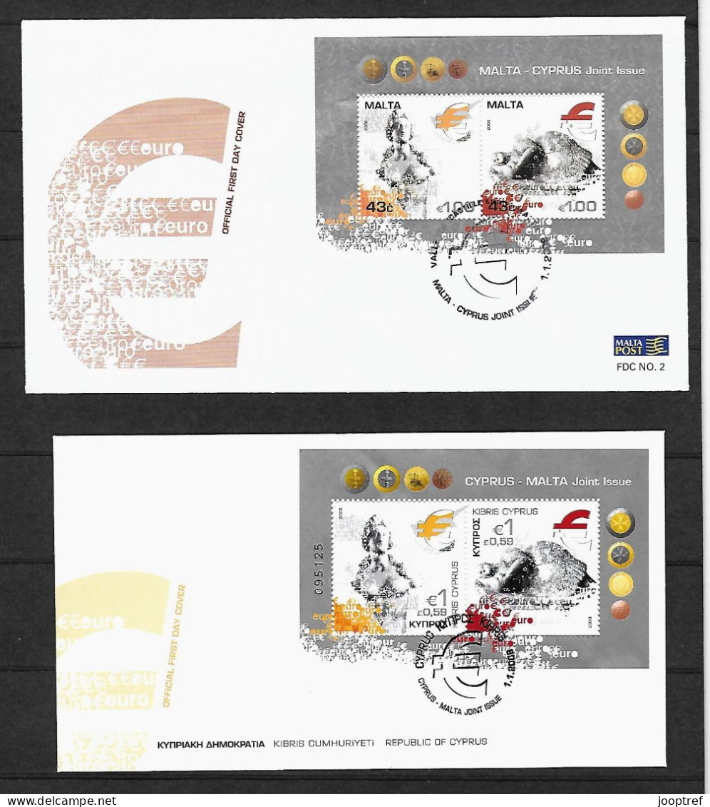 2008 Joint Cyprus And Malta, BOTH OFFICIAL FDC'S WITH SOUVENIR SHEET: Introduction Euro - Gemeinschaftsausgaben