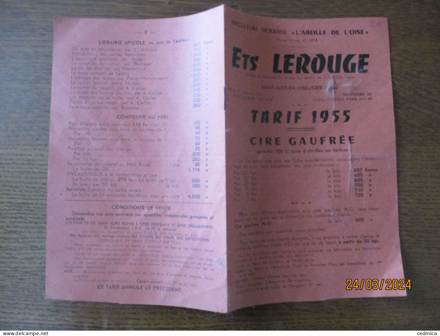 SAINT JUST EN CHAUSSEE ETS LEROUGE APICULTURE MODERNE "L'ABEILLE DE L'OISE" TARIF 1955  8 PAGES - 1950 - ...