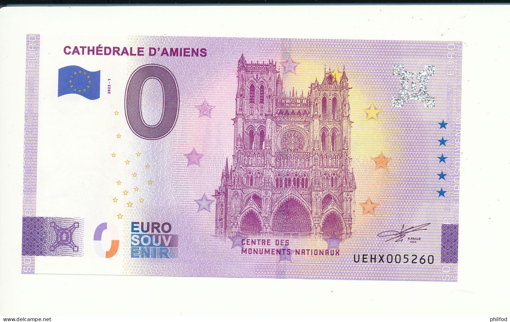 Billet Souvenir - 0 Euro - CATHEDRALE D'AMIENS - UEHX - 2023-1 - N° 5260 - Alla Rinfusa - Banconote