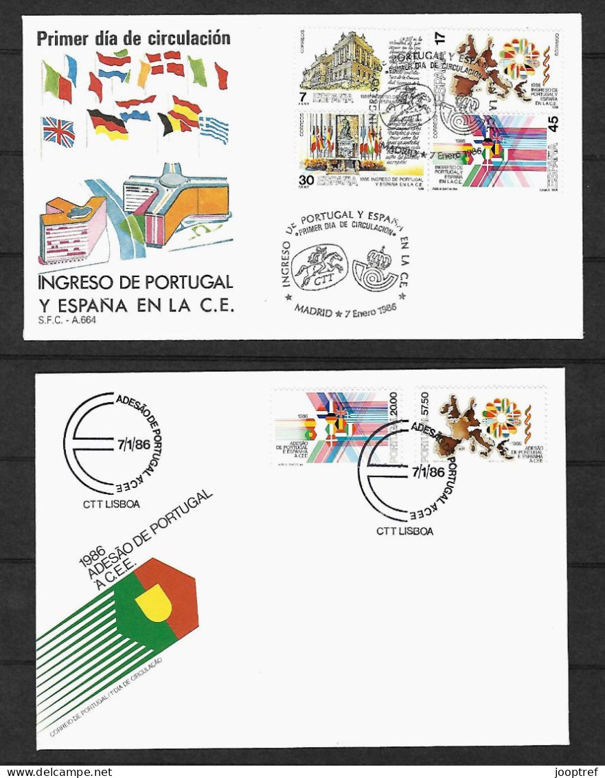 1986 Joint Portugal And Spain, BOTH OFFICIAL FDC'S WITH 2+4 STAMPS: Access European Union - Gemeinschaftsausgaben