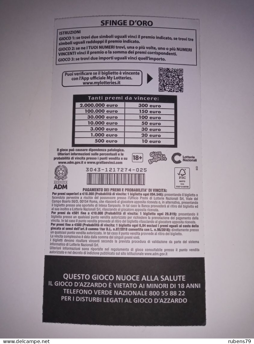 BIGLIETTO USATO GRATTA E VINCI - SFINGE D'ORO - DA 10 € NON VINCENTE - Lottery Tickets