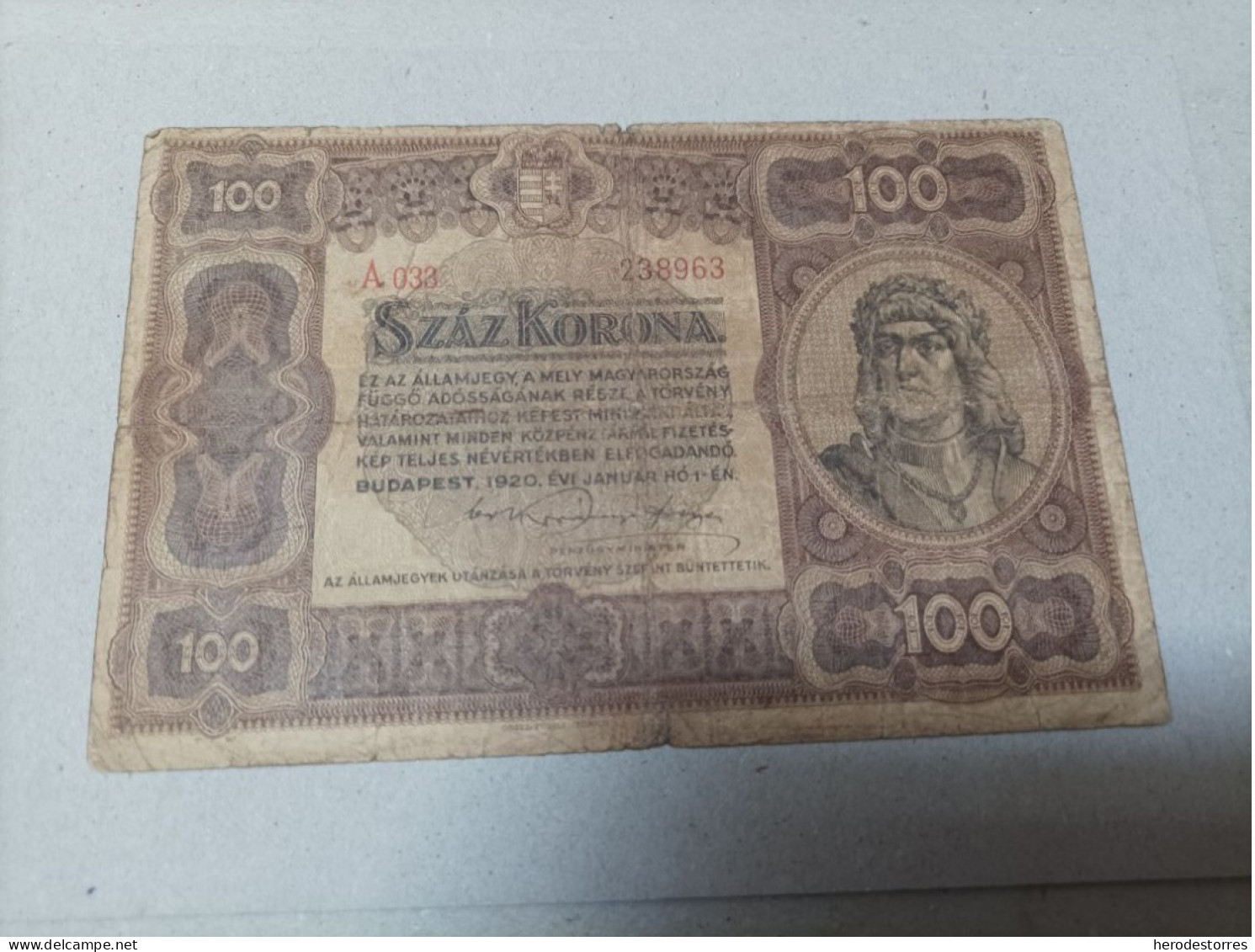 Billete Hungría, 100 Koronas, Año 1920, Serie A033 - Hungary