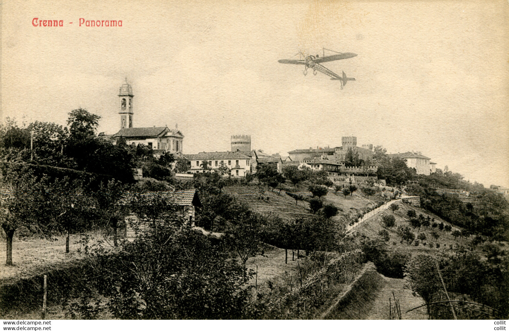 Crenna - Cartolina Panoramica Con Velivolo In Volo - Marcophilie (Avions)