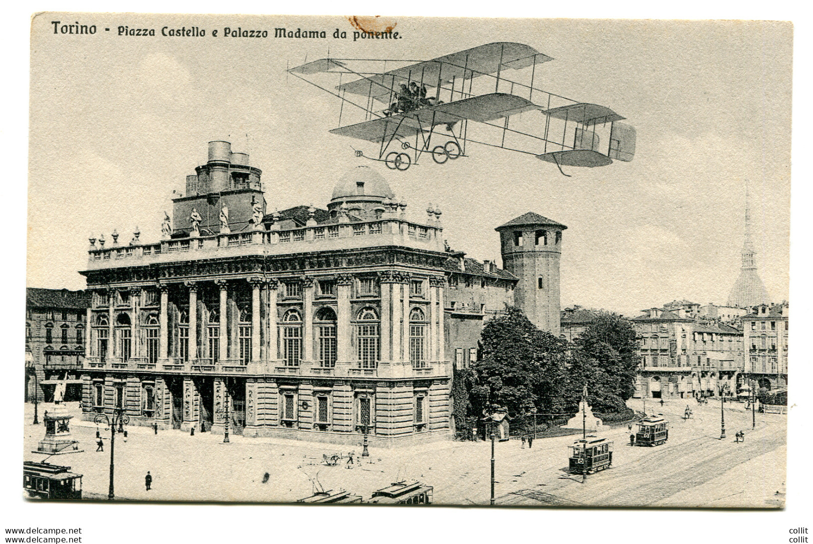 Torino Piazza Castello E Palazzo Madama - Cartolina Con Velivolo - Marcophilia (AirAirplanes)