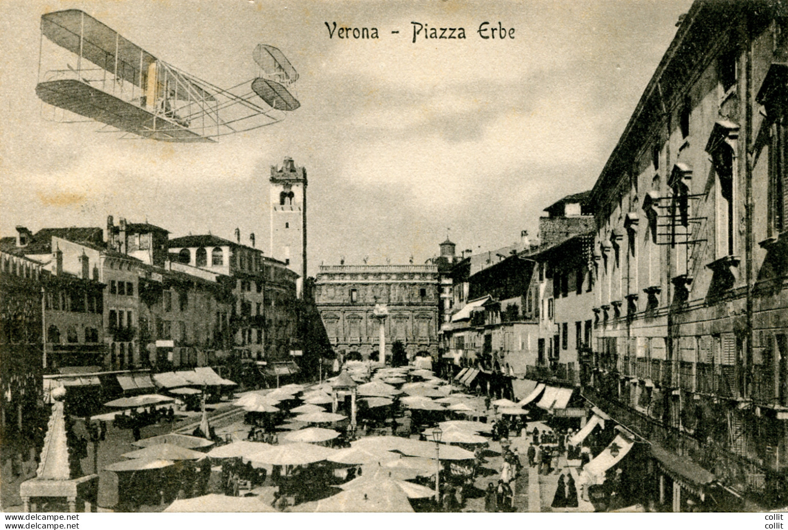 Verona Piazza Erbe - Cartolina Con Velivolo In Volo Sulla Piazza - Marcophilie (Avions)