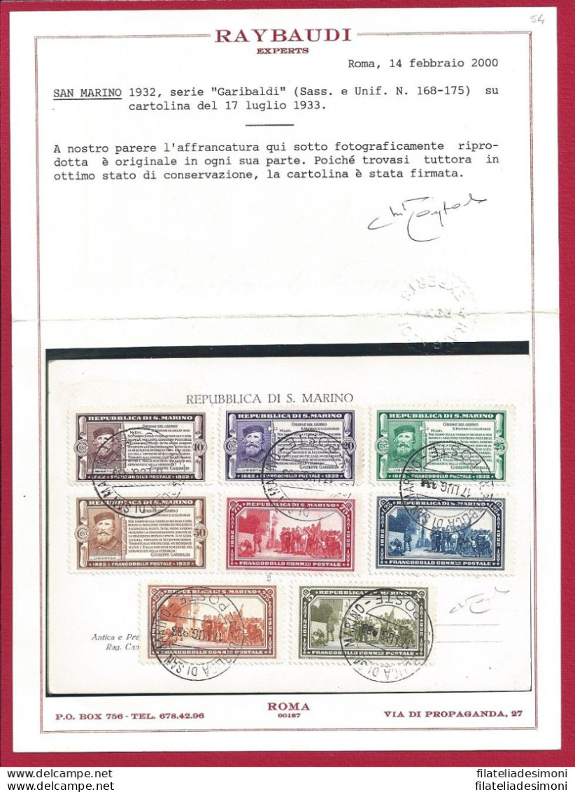 1932 SAN MARINO,n° 168/175 Garibaldi Serie Completa Su Cartolina Cert. Raybaudi - Autres & Non Classés