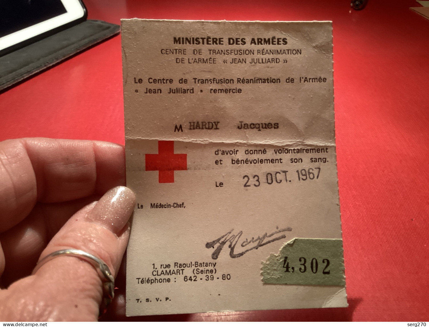 Le Centre De Transfusion Réanimation De L'Armée Jean Julliard » Remercie MINISTÈRE DES ARMEES CENTRE DE TRANSFUSION RÉAN - 1950 - ...