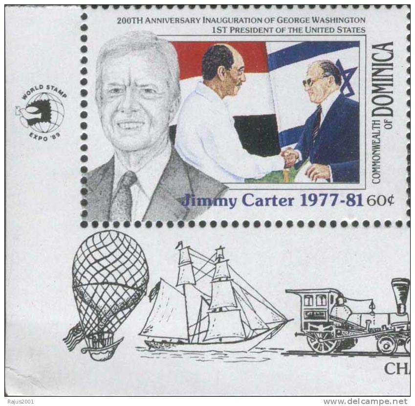 President Jimmy Carter, Begin Of Israel And Sadat Of Egypt During Camp David Accord, Judaica, Nobel Prize, MNH Dominica - Judaika, Judentum