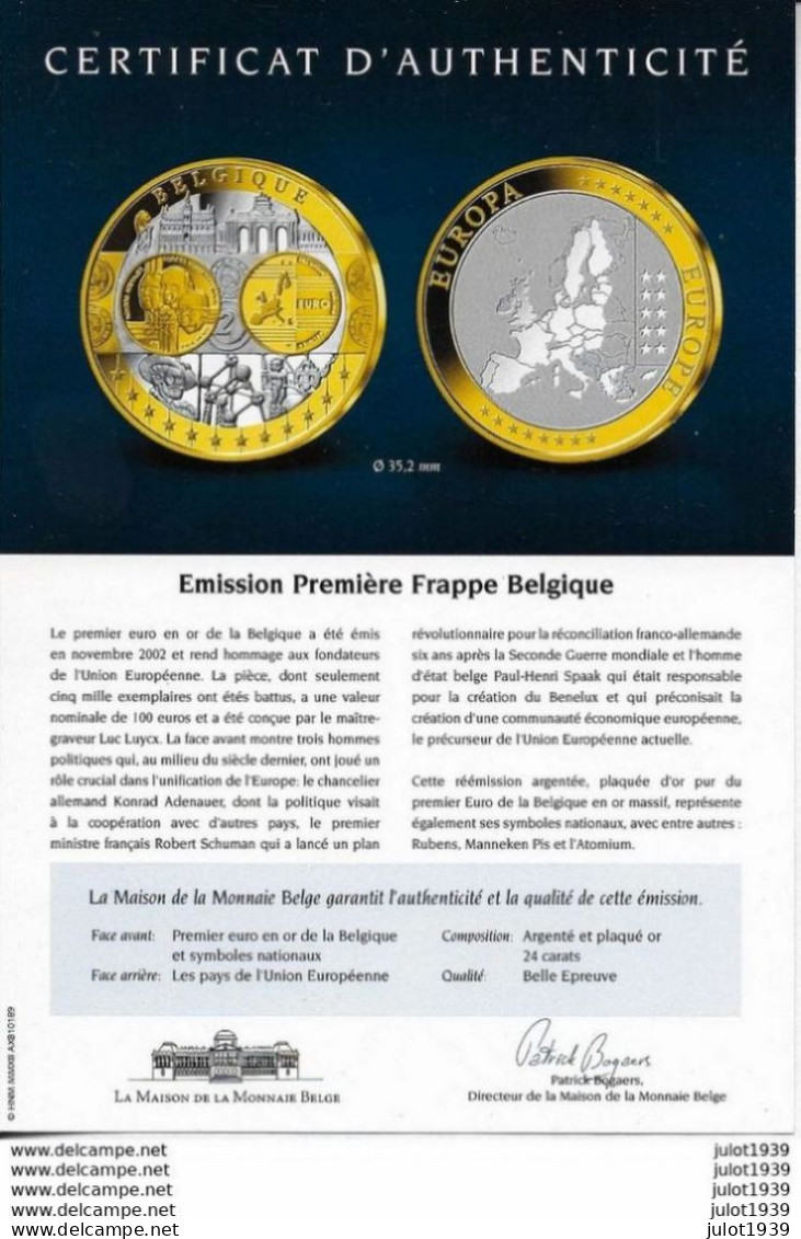 BELGIUM ..-- HOMMAGE Au 1er  EURO Doré De BELGIQUE . ARGENT PUR 999/1000 . BELLE EPREUVE . Valeur Nominale = 100 Euros - Bélgica