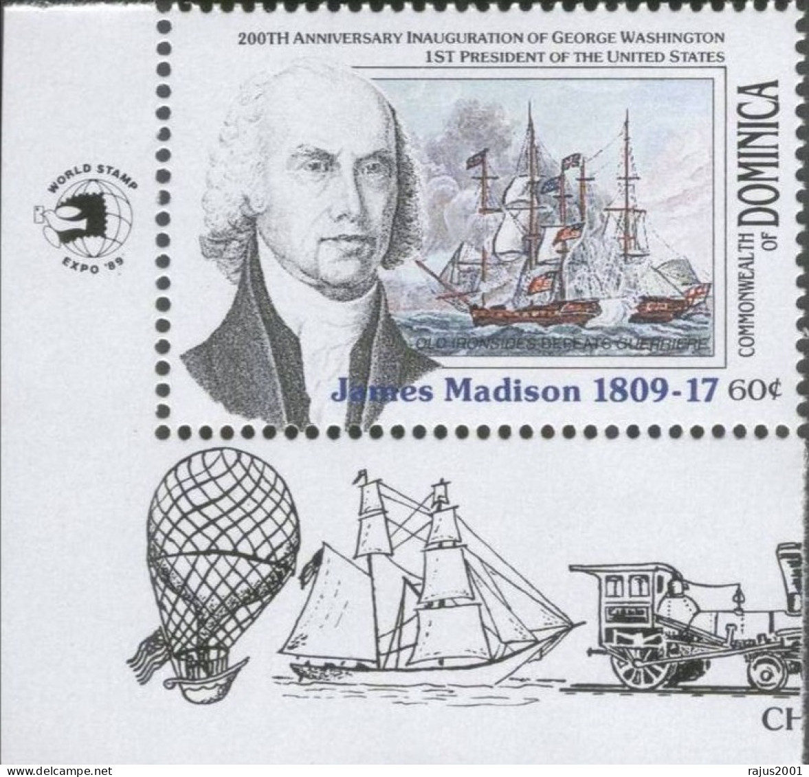 James Madison, American President, USS Constitution At The Defeat Of HMS GUERRIERE, Ship, Balloon, MNH Dominica - Dominique (1978-...)