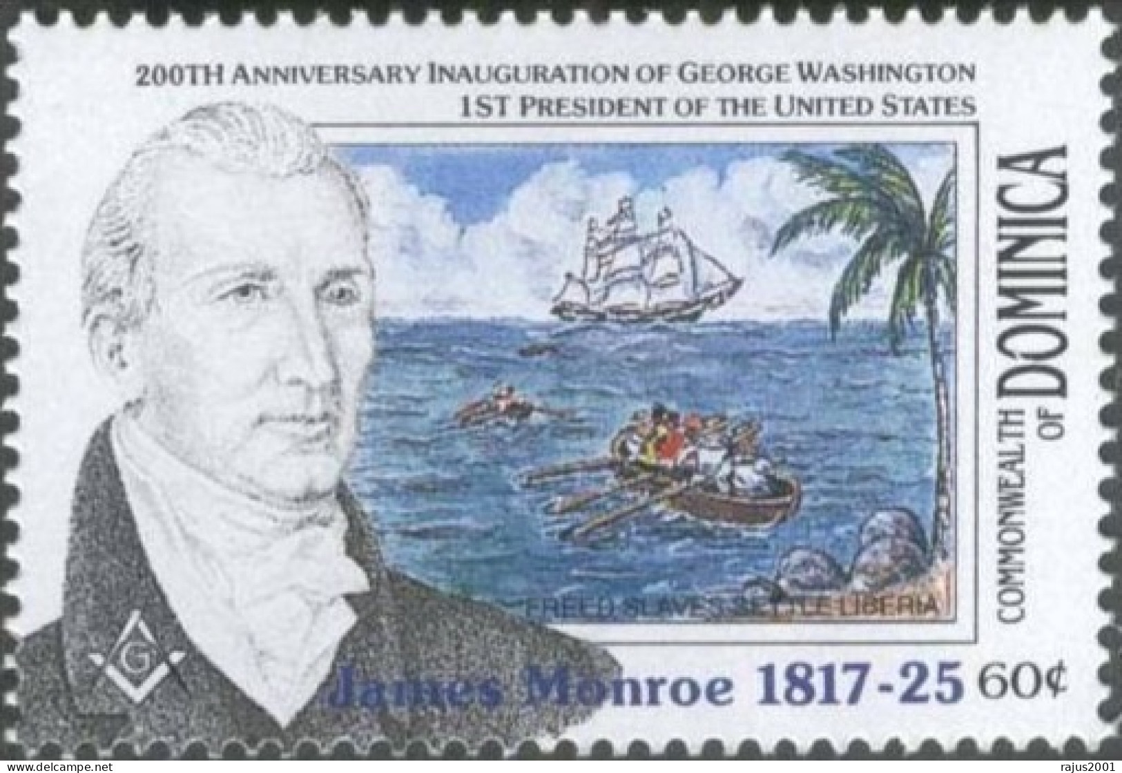 James Monroe, 5th American President, Williamsburg Lodge, Freemasonry, Freed Slaves Settlement Liberia, MNH Dominica - Freimaurerei