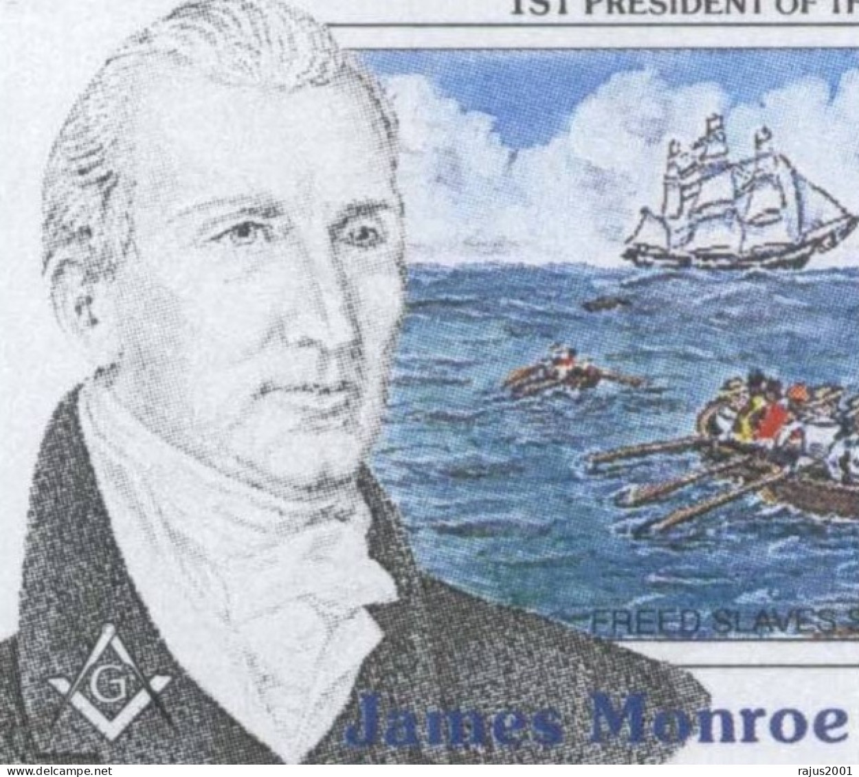 James Monroe, 5th American President, Williamsburg Lodge, Freemasonry, Freed Slaves Settlement Liberia, MNH Dominica - Massoneria