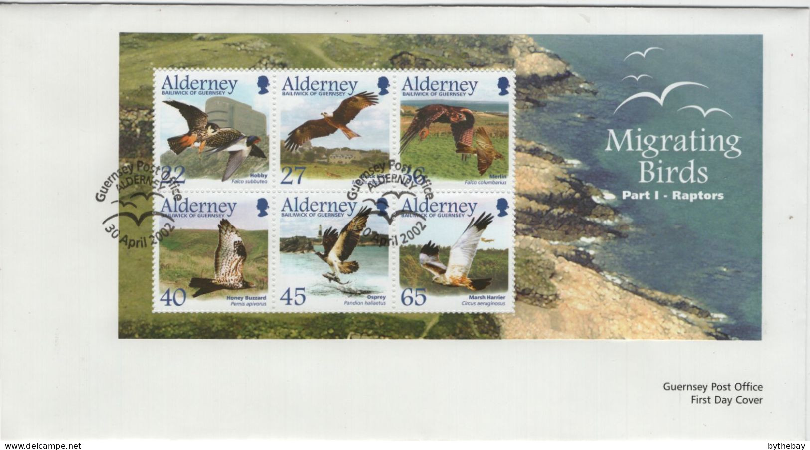 Alderney 2002 FDC Sc 190a Hobby, Black Kite, Merlin, Honey Buzzard, Osprey, Marsh Harrier Sheet - Alderney