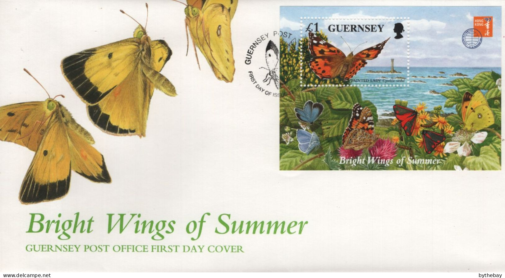 Guernsey 1997 FDC Sc 590 1pd Painted Lady Butterfly, Lighthouse Sheet Hong Kong 97 - Guernsey