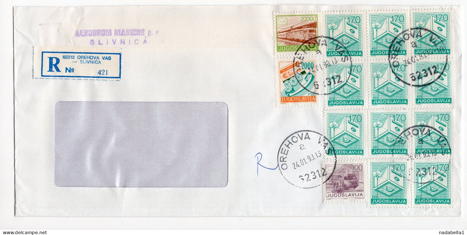 24.01.1990. INFLATIONARY MAIL,YUGOSLAVIA,SLOVENIA,OREHOVA VAS-SLIVNICA RECORDED COVER,INFLATION,MARIBOR AIRPORT SLIVNICA - Storia Postale