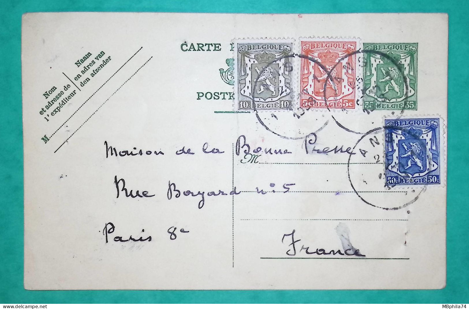 ENTIER 35C VERT + COMPLEMENT AFFRANCHISSEMENT 5C + 10C + 50C QUADRICOLORE CARTE POSTALE ANS POUR PARIS FRANCE 1938 - 1935-1949 Petit Sceau De L'Etat