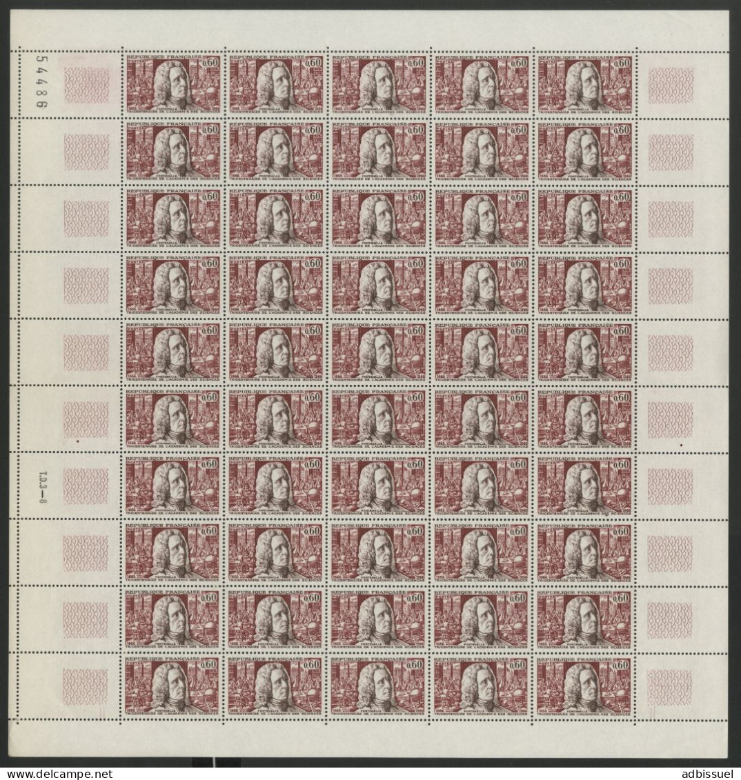 N° 1487 60 Ct FONTENELLE Feuille Complète De 50 Ex. Neufs ** (MNH) Cote 30 € Vendue à La Valeur Faciale Voir Suite - Feuilles Complètes