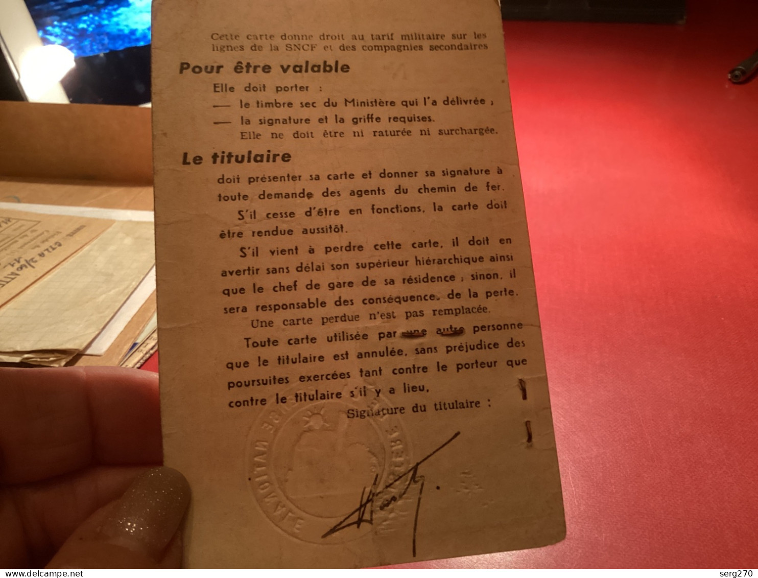 Carte De Circulation Officier D’active , Tarif Militaire, Le Délégué Du Ministère - Documents