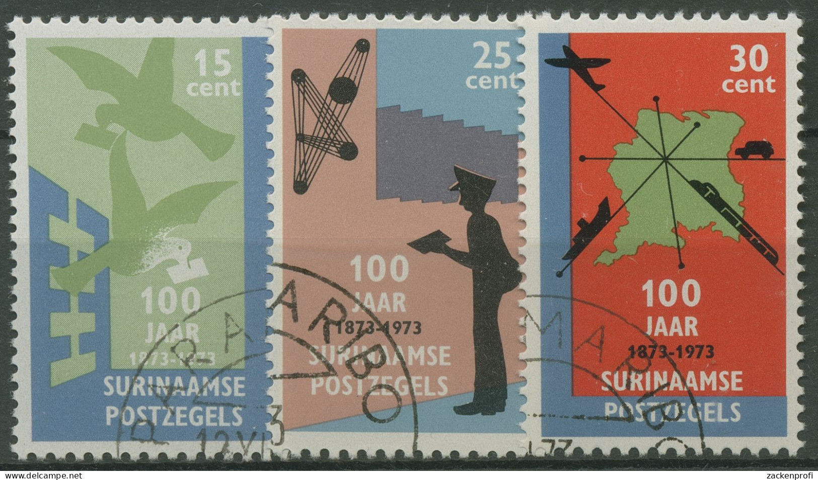 Surinam 1973 100 Jahre Briefmarken Brieftaube Briefträger 663/65 Gestempelt - Surinam