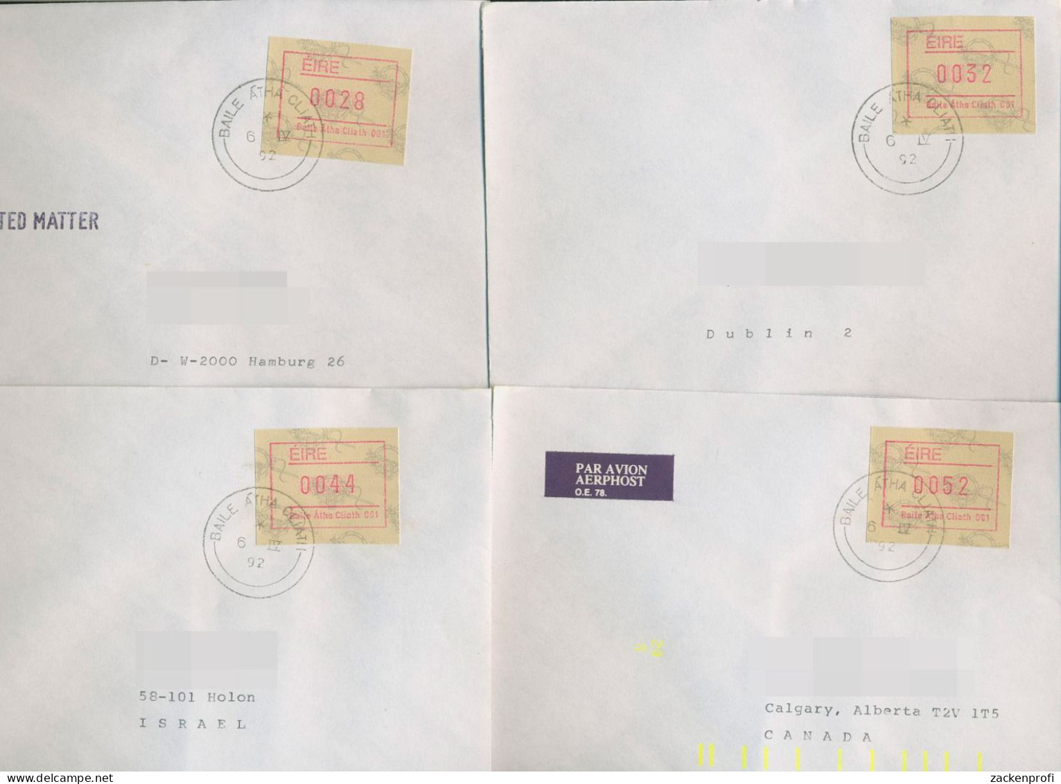 Irland ATM 1992 Satz 4 Werte Automat 001 Ersttagsbriefe ATM 4.1 S2 FDC (X80356) - Frankeervignetten (Frama)