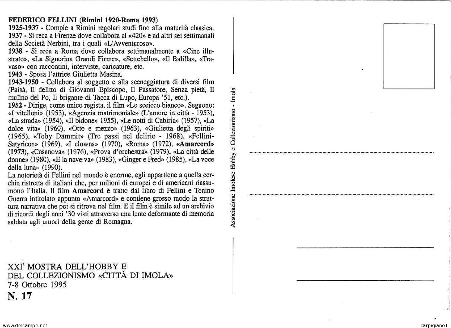 ITALIA ITALY - 1995 IMOLA (BO) Centenario Cinema - Cinema Nella Resistenza Su Cartolina XXI Mostra Collezionismo - 8159 - 1991-00: Marcophilia
