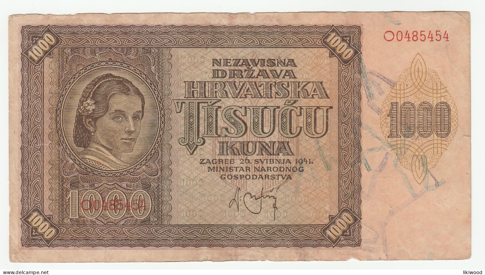 1 000 Kuna - 1941 - Croatia - Croatian Woman - Mountain Range Across Centre - Croacia