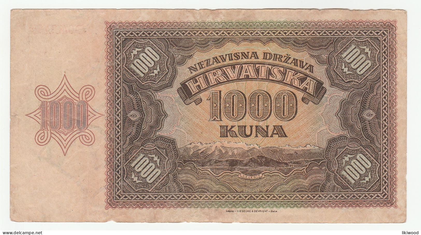 1 000 Kuna - 1941 - Croatia - Croatian Woman - Mountain Range Across Centre - Croatie