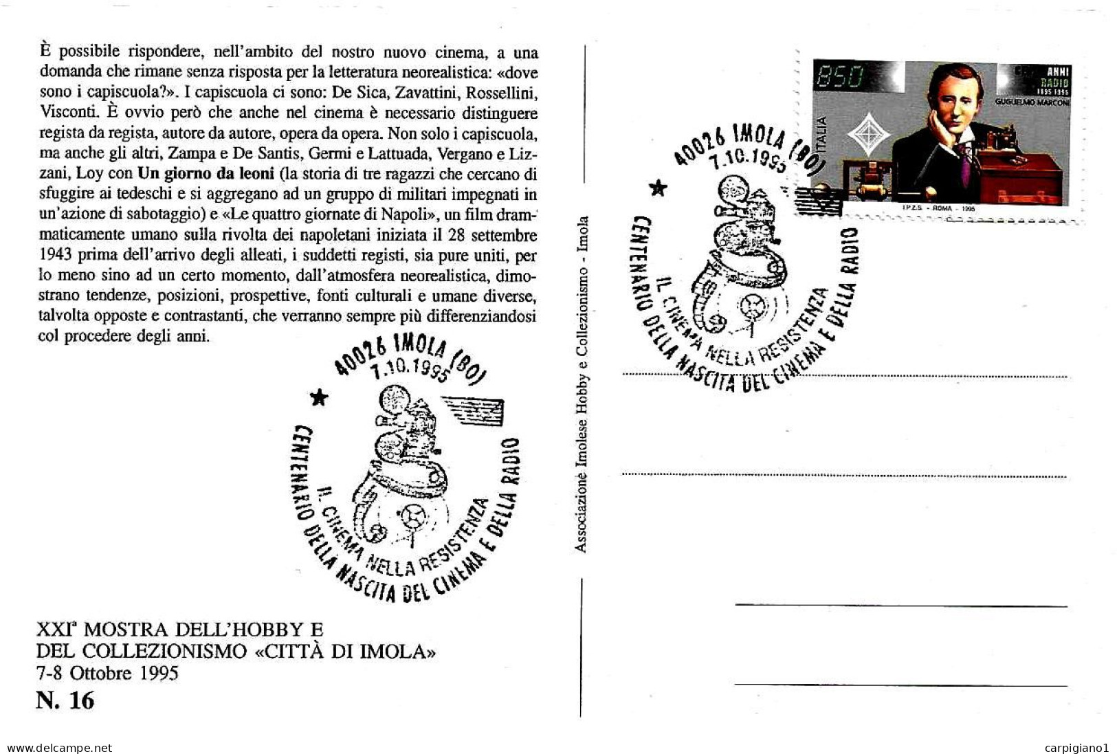 ITALIA ITALY - 1995 IMOLA (BO) Centenario Cinema E Radio - Cinema Nella Resistenza Su Cartolina Con Scena Film - 8094 - 1991-00: Storia Postale
