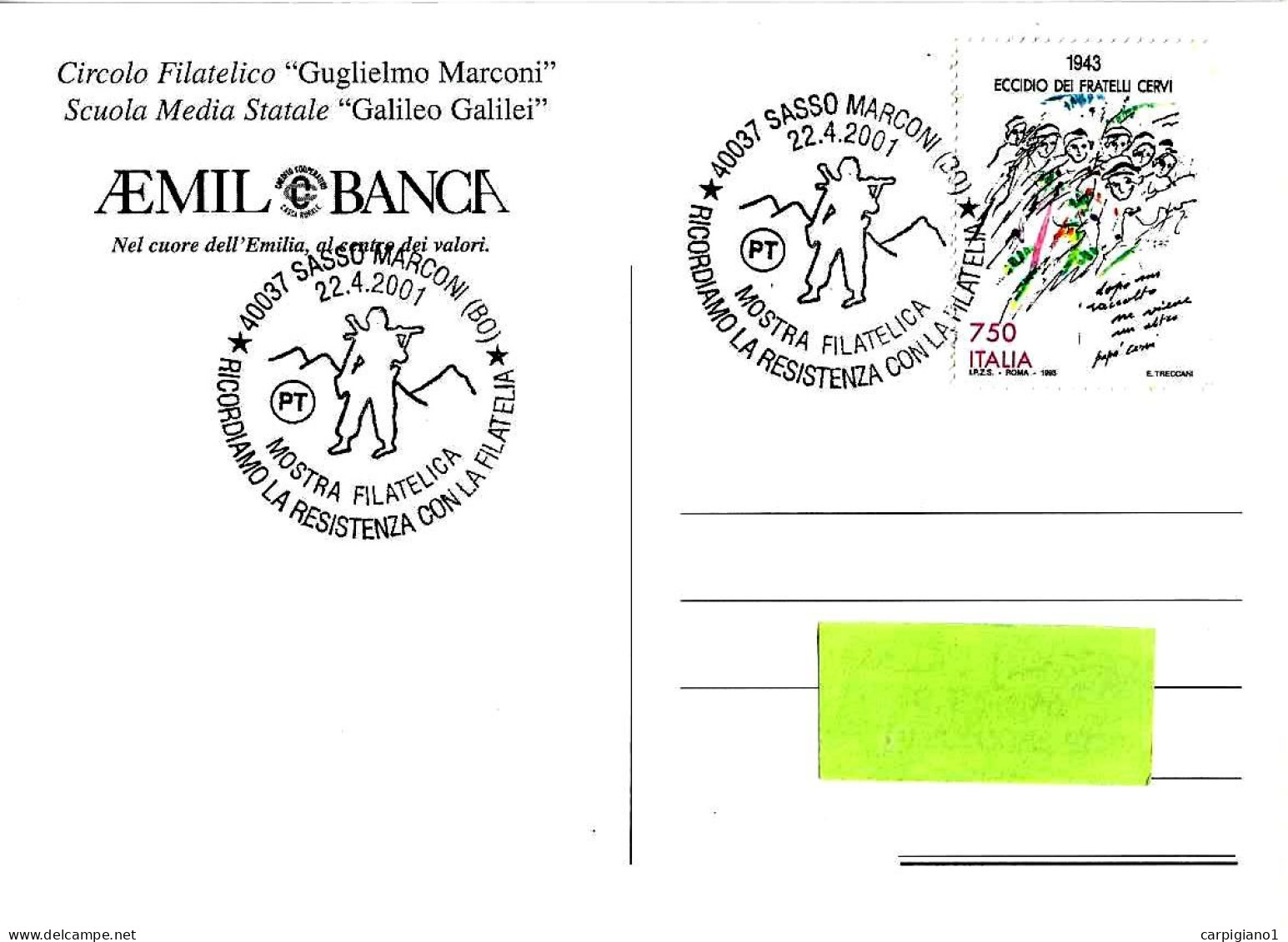 ITALIA ITALY - 2001 SASSO MARCONI (BO) Ricordiamo Resistenza Con La Filatelia Su Cartolina Spec. Mostra Filatelica -8096 - 1991-00: Poststempel