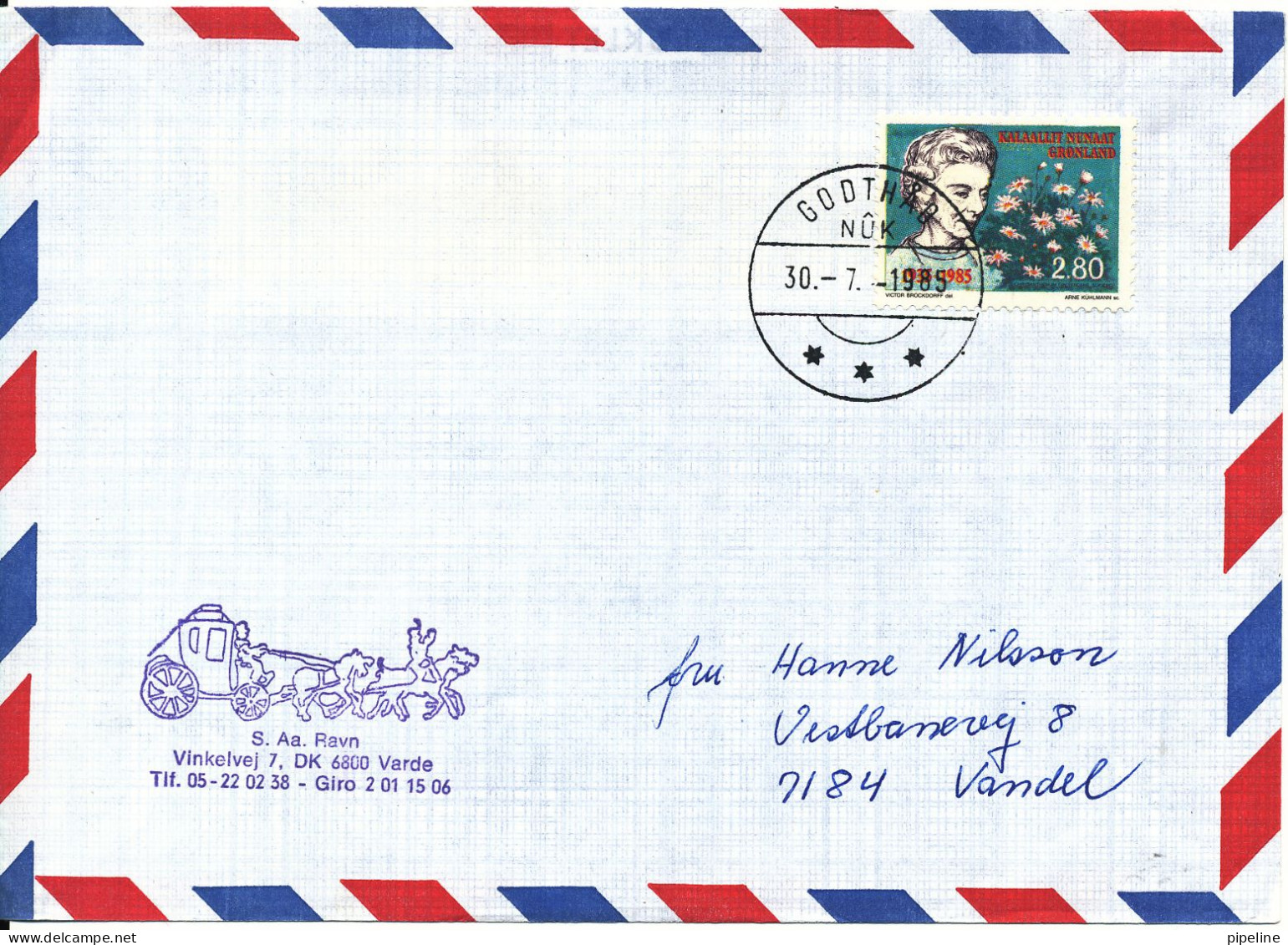 Greenland Air Mail Cover Sent To Denmark Godthab 30-7-1985 Single Franked - Cartas & Documentos