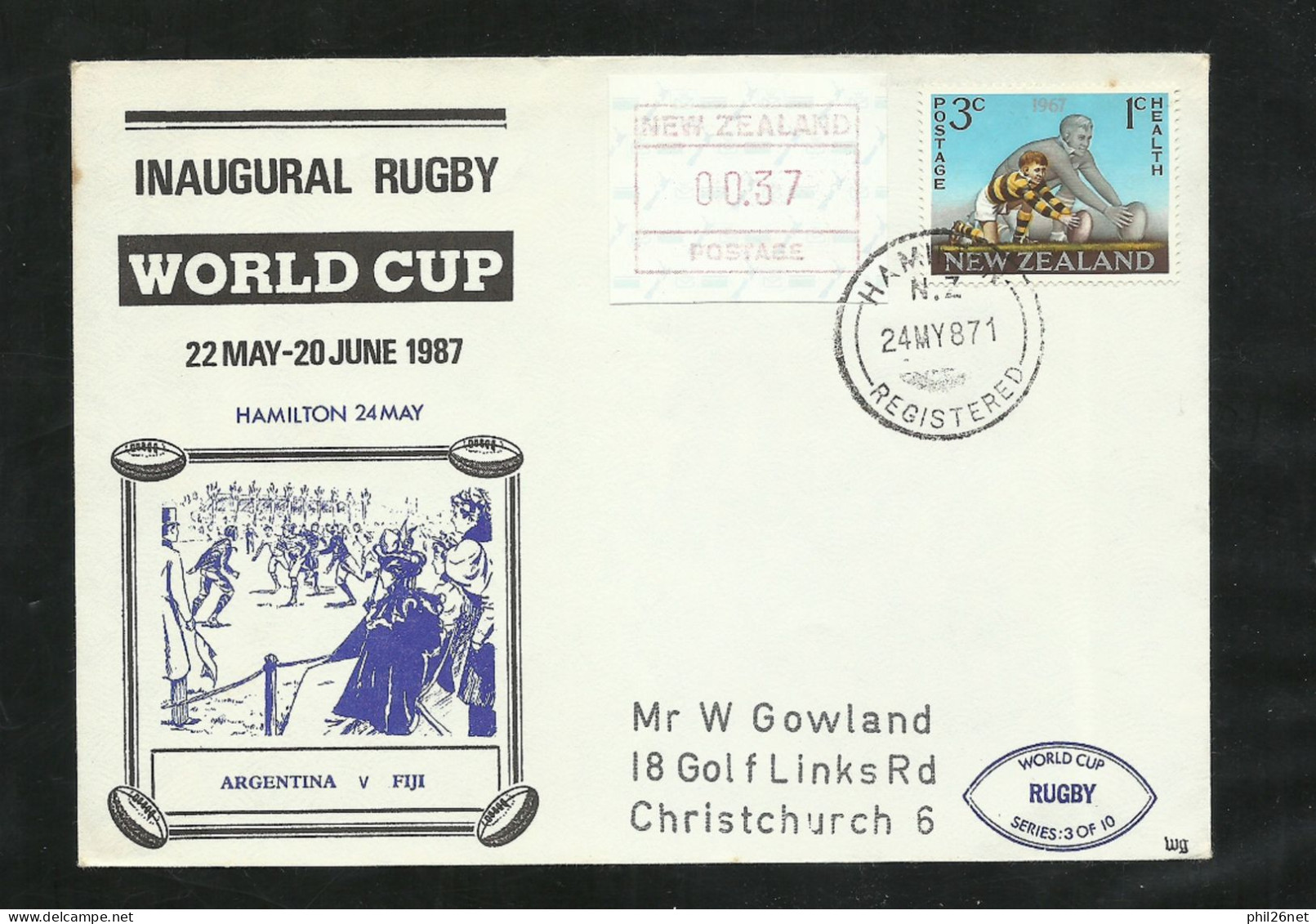 Nouvelle Zélande Coupe Du Monde 1987 Lettre Illustrée De Hamilton 2/5/1987 N°463 + Vignette 0,37 Cents B/ TB Soldé ! ! - Rugby
