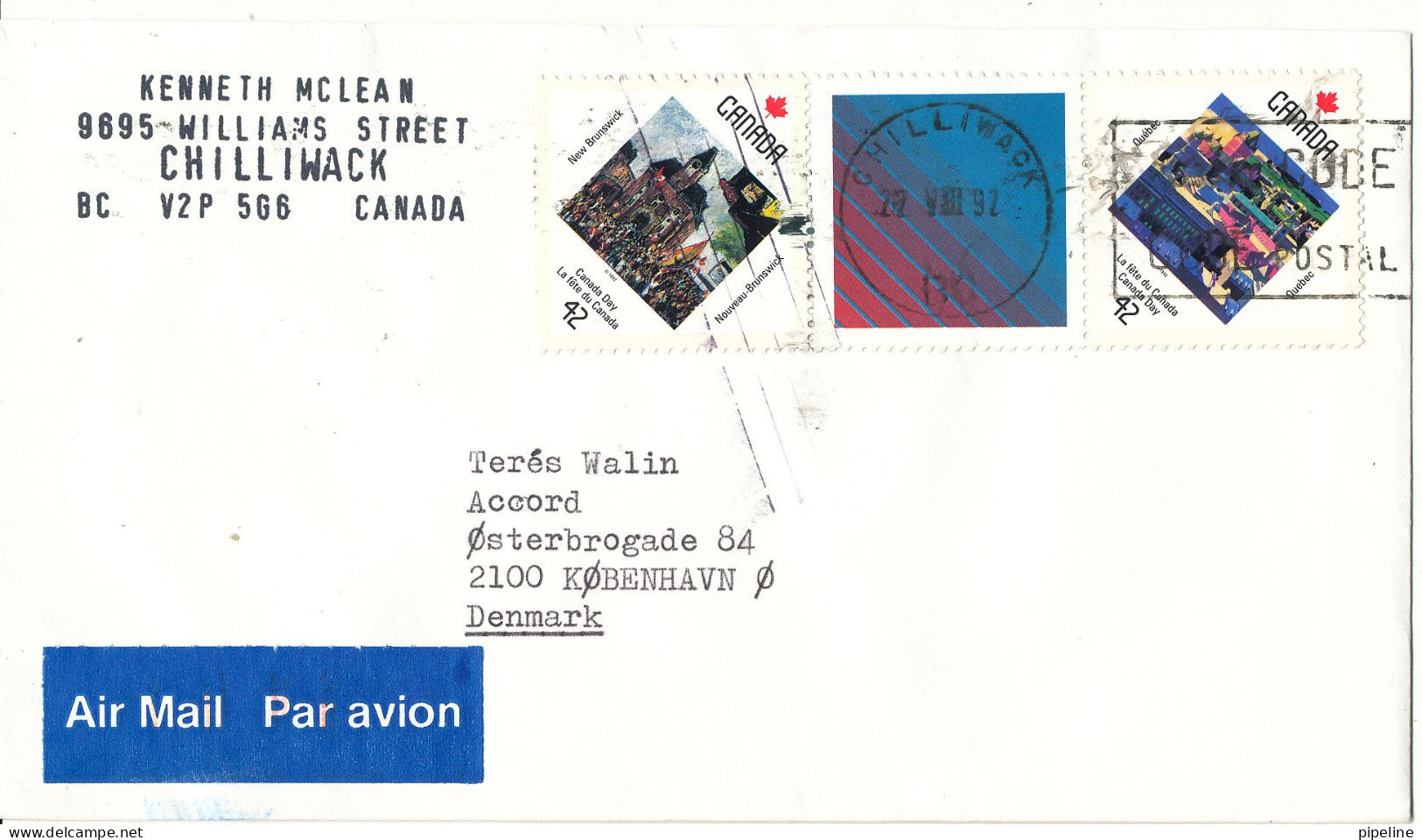 Canada Cover Sent To Denmark 22-3-1992 - Cartas & Documentos