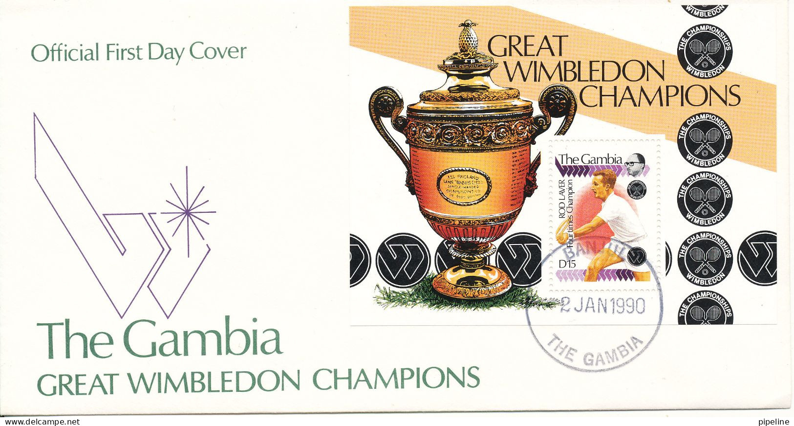 Gambia FDC 2-1-1990 Souvenir Sheet Great Wimbledon Champions (Rod Laver) - Gambia (1965-...)