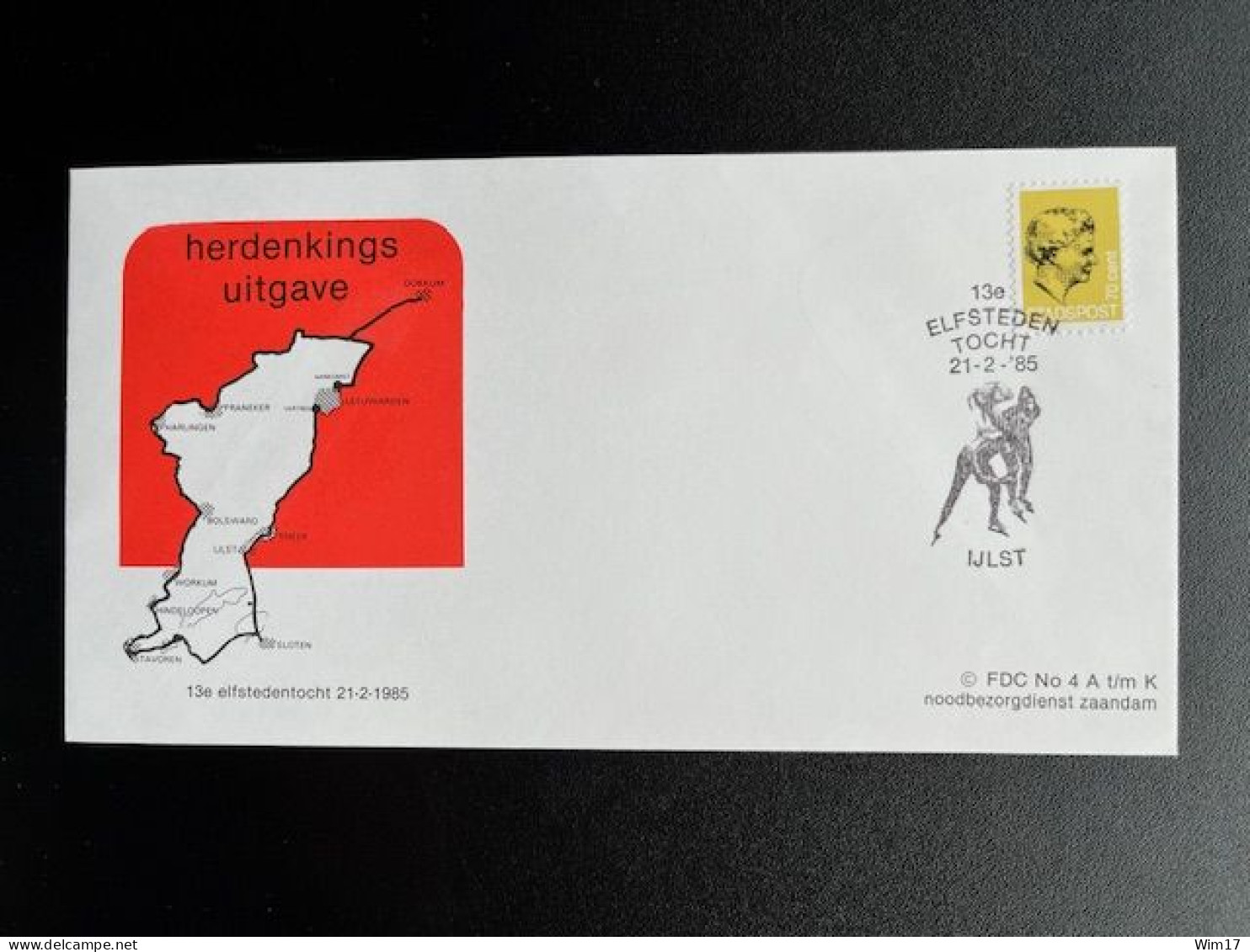 NETHERLANDS 1985 FDC 4 LOCAL MAIL SERVICE ZAANDAM ICE SKATING 21-02-1985 NEDERLAND STADSPOST ELFSTEDENTOCHT IJLST - Lettres & Documents